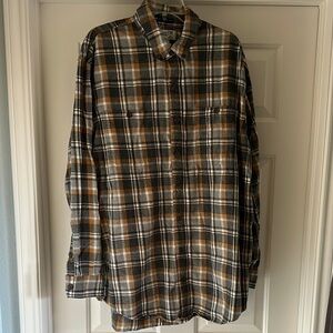 Duluth Trading Co Plaid Button Up Cotton Shirt Gray Tan White Mens XL Tall
